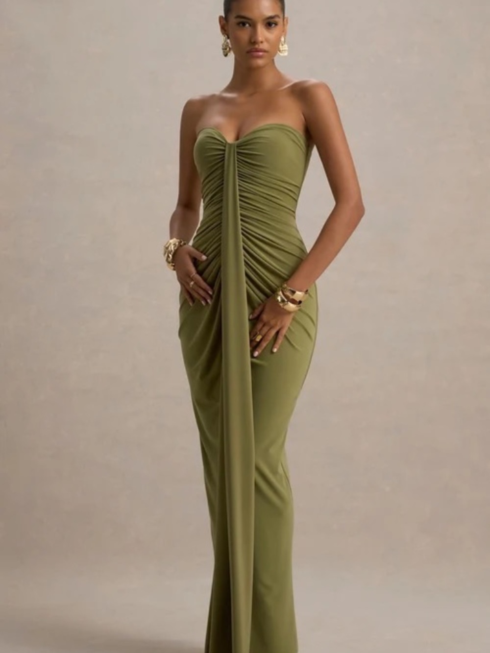 CLUB L London - ALI Olive Sweetheart Ruched Wrap Maxi Dress - Picture 4 of 5